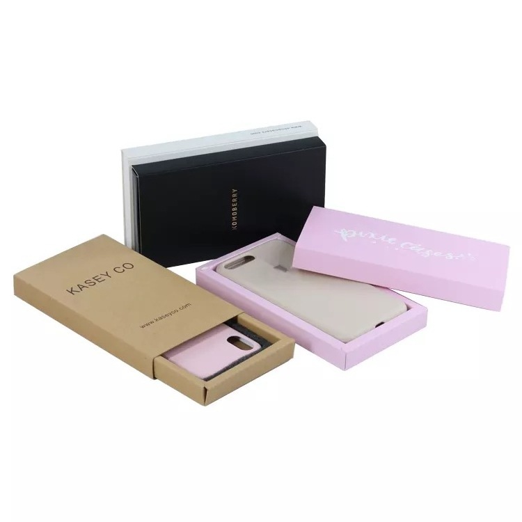 Custom logo kraft paper packaging sliding open drawer type mobile phone case packaging box