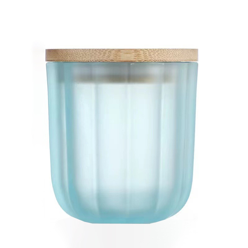 Wholesale Empty Votive Thick Wall Nordic Frosted Blue Ribbed Glass Candle Jar For Candle Making