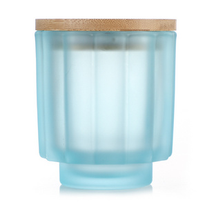 Wholesale Empty Votive Thick Wall Nordic Frosted Blue Ribbed Glass Candle Jar For Candle Making