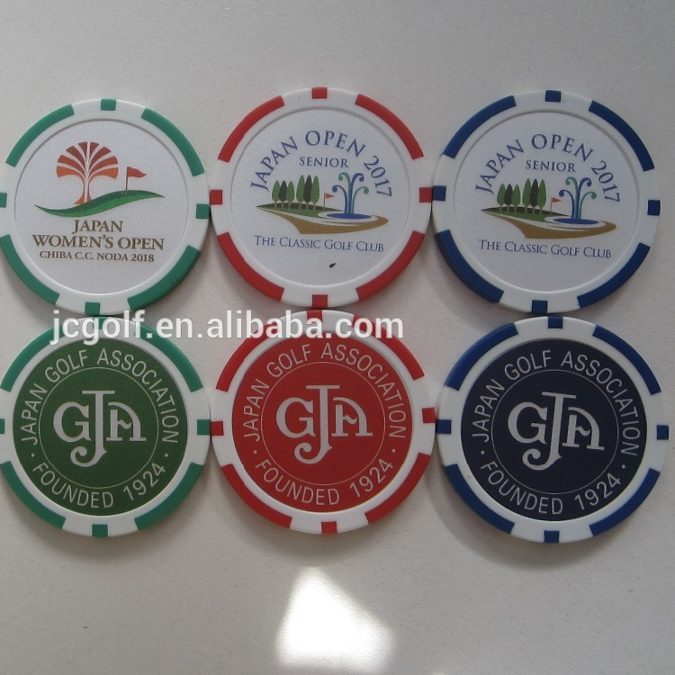 Customized High quality 40MM poker chip golf ball marker with matt printing sticker LOGO