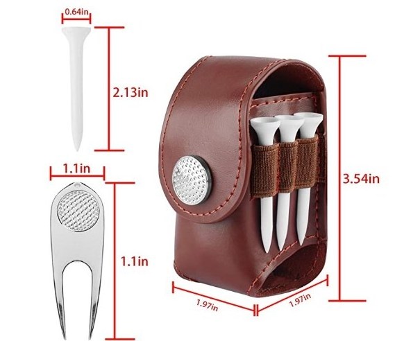 cowhide Leather Golf Ball Pouch Bag Holder Pouch Waist Belt Storage Pocket with 3 Tees 1 Golf Divot Repair Tool