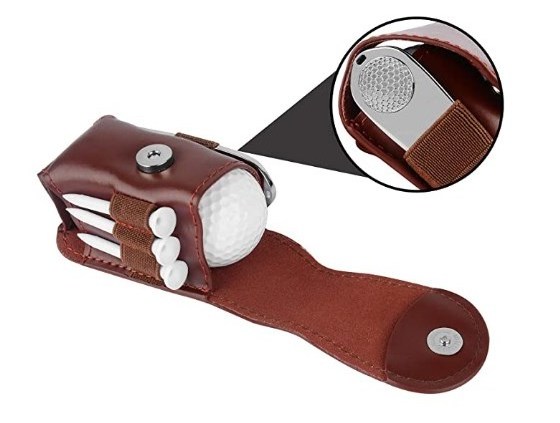 cowhide Leather Golf Ball Pouch Bag Holder Pouch Waist Belt Storage Pocket with 3 Tees 1 Golf Divot Repair Tool