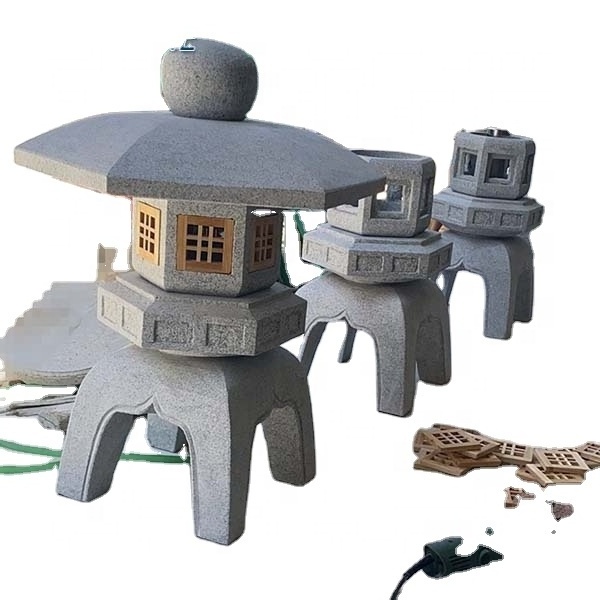 grey granite Japanese stone lantern with LED light for garden decoration