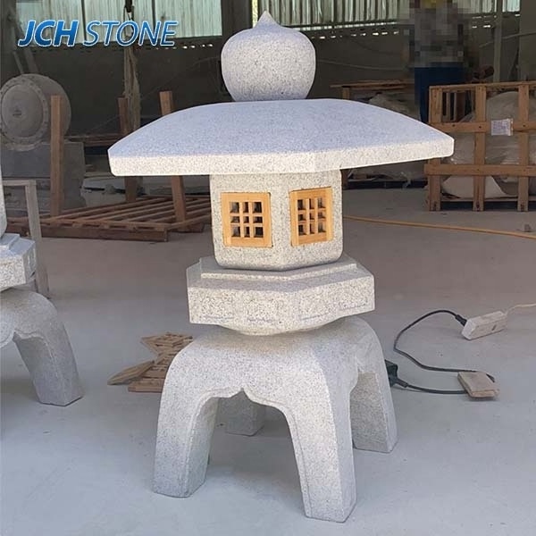 grey granite Japanese stone lantern with LED light for garden decoration