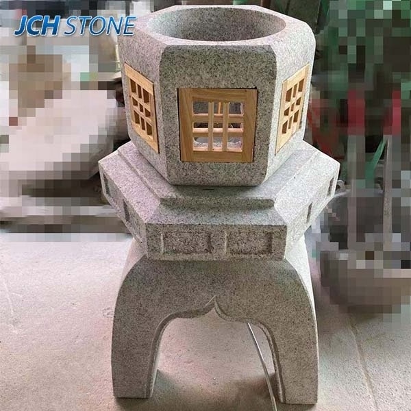 grey granite Japanese stone lantern with LED light for garden decoration