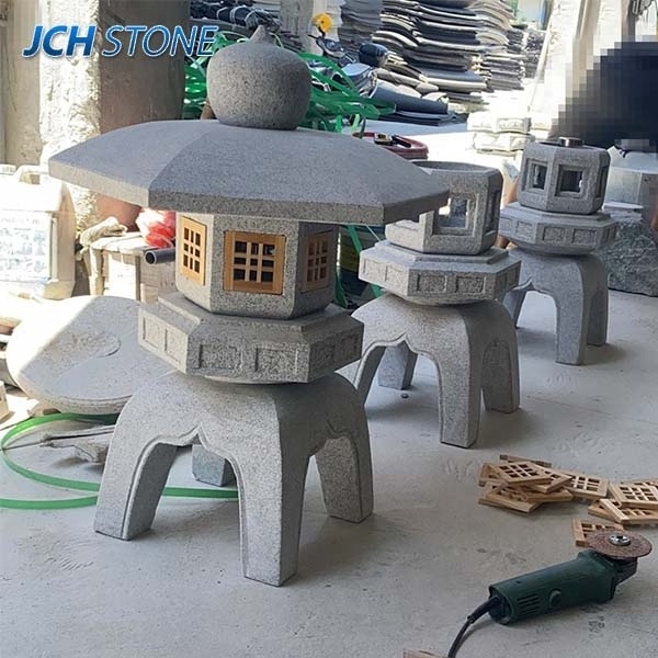 grey granite Japanese stone lantern with LED light for garden decoration