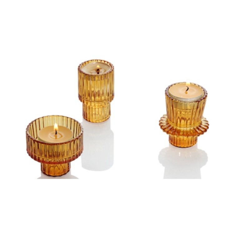 Set of 3 wedding decor amber glass tealight candle holder taper candlestick ribbed candle holder