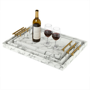 PU Leather European Style Nordic Home Decorative Marble Tray Serving Tray Handles