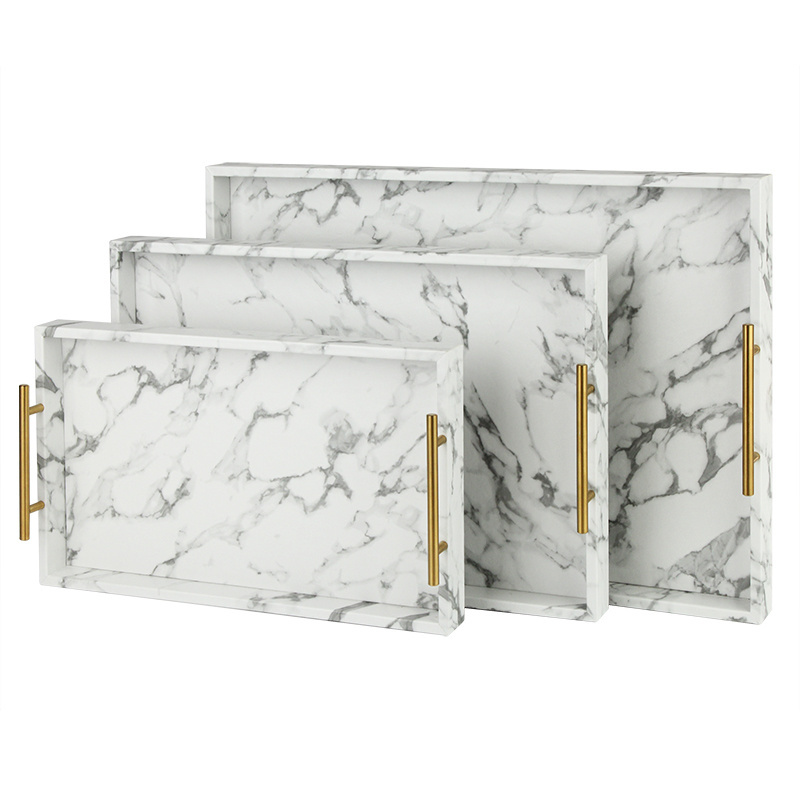 PU Leather European Style Nordic Home Decorative Marble Tray Serving Tray Handles