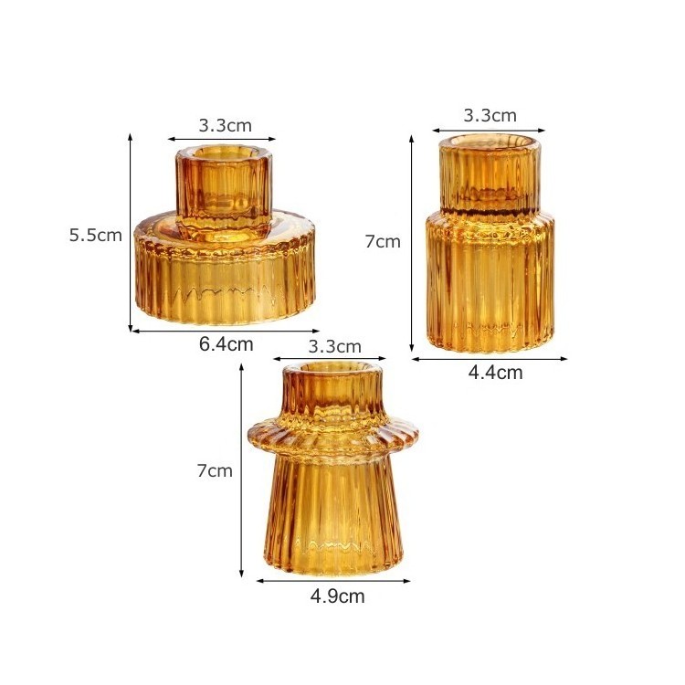 Set of 3 wedding decor amber glass tealight candle holder taper candlestick ribbed candle holder