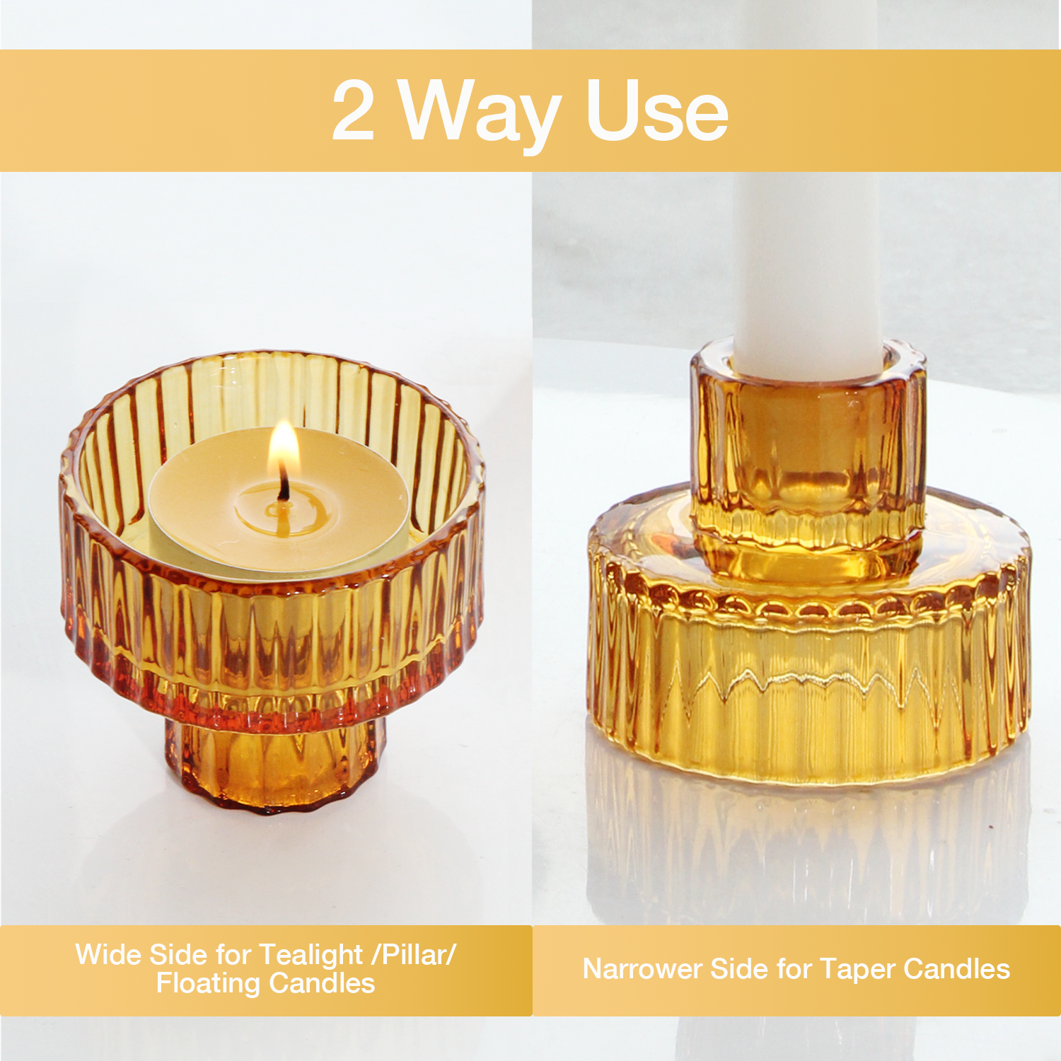 Set of 3 wedding decor amber glass tealight candle holder taper candlestick ribbed candle holder