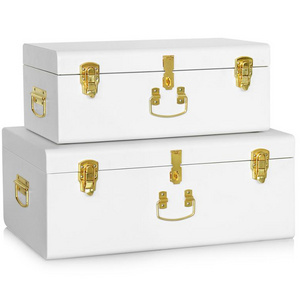 Metal Trunk Organizers Hot Sale White Metal trunks set of 2 with Gold color accessories use for Home storage and decoration