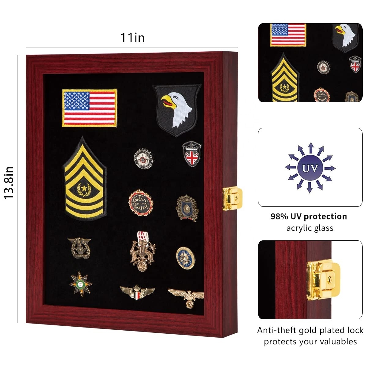 Wholesale Custom Black MDF Wood Cabinet Rack Holder Mahogany Wall Shadow Box Pin Enthusiast Collectibles badge display case