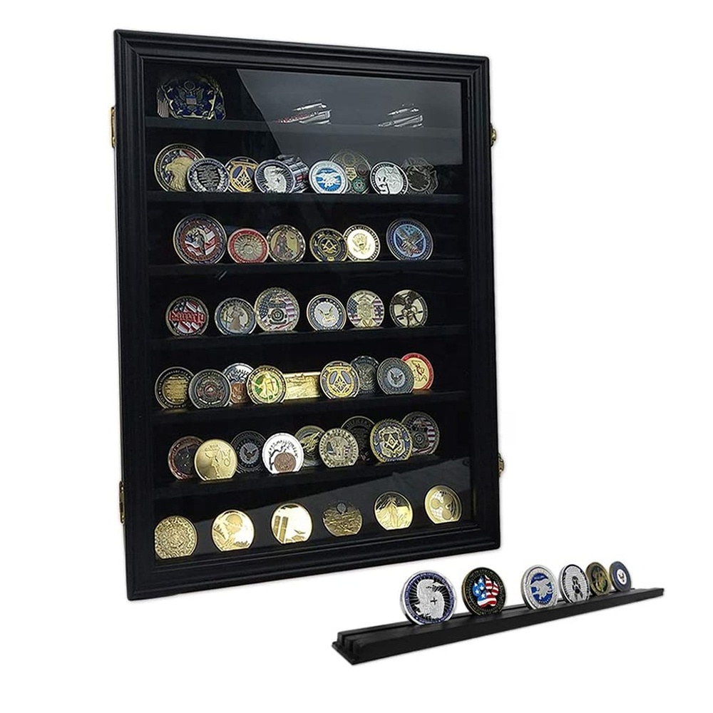 Factory Wholesale Black Challenge Coin Display Case Wall Mount Cabinet Collection Challenge Coin Display Wood