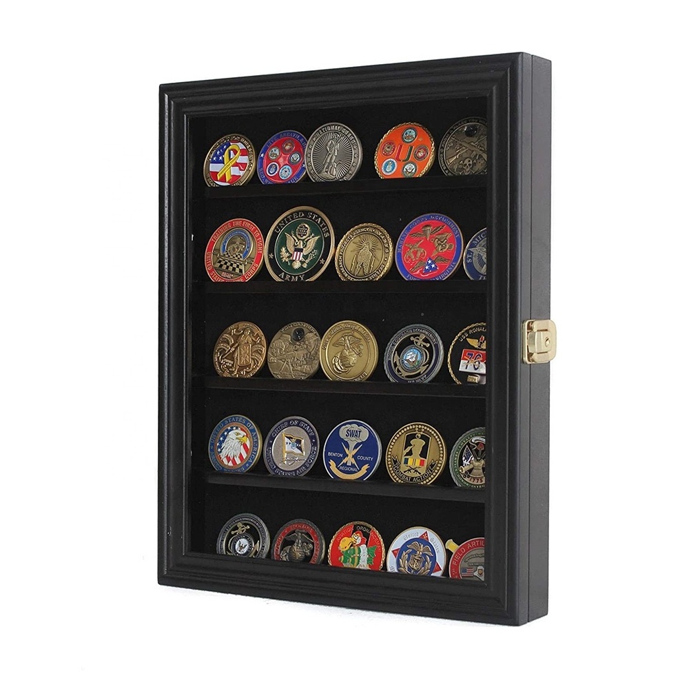 Factory Wholesale Black Challenge Coin Display Case Wall Mount Cabinet Collection Challenge Coin Display Wood