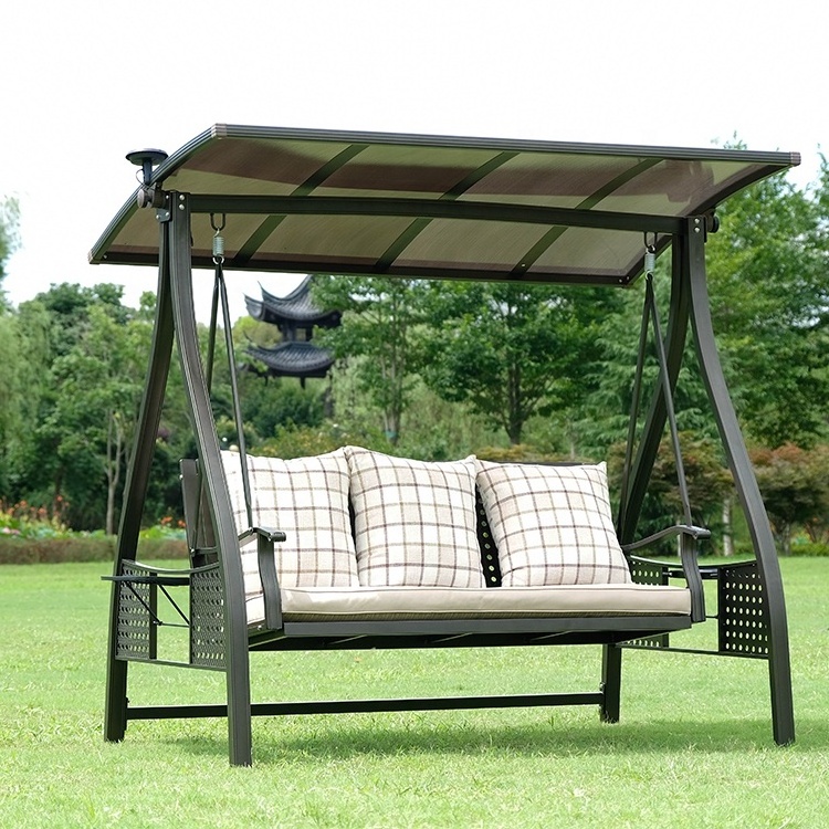 Spot supply of courtyard outdoor aluminum alloy three-person swing with solar light outdoor hanging chair hammock swing