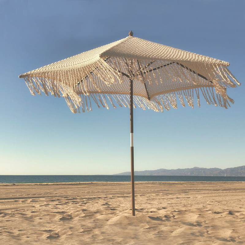 Juecheng cute weaving fringe wooden pole cool beach umbrella patio umbrella with tassels