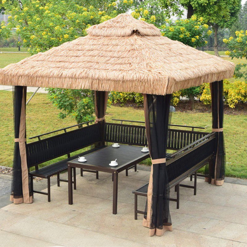 Juecheng outdoor aluminum gazebo manufacturer artificial straw garden gazebo with bench