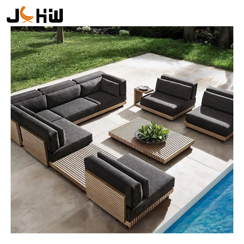 High quality outdoor design patio hotel solid wood sofa furniture with cushions sectional L shape garden sofa furniture set