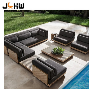 High quality outdoor design patio hotel solid wood sofa furniture with cushions sectional L shape garden sofa furniture set