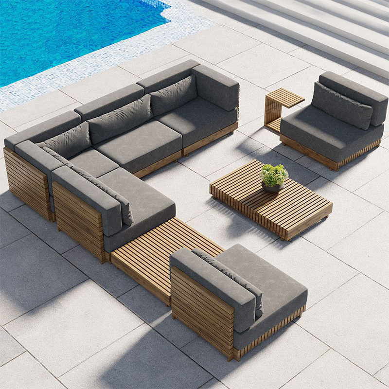 High quality outdoor design patio hotel solid wood sofa furniture with cushions sectional L shape garden sofa furniture set