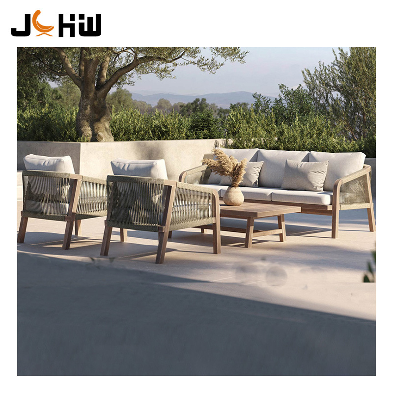 High grade woven rope outdoor sofa chair hotel lounge villa garden wooden sofa set furniture designs