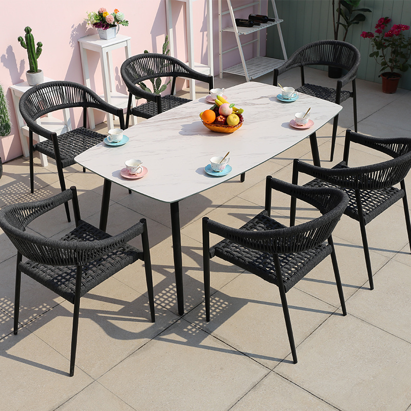 Modern woven rope outdoor restaurant cafe stackable table and chair aluminum patio garden furniture sets