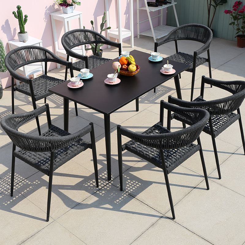 Modern woven rope outdoor restaurant cafe stackable table and chair aluminum patio garden furniture sets