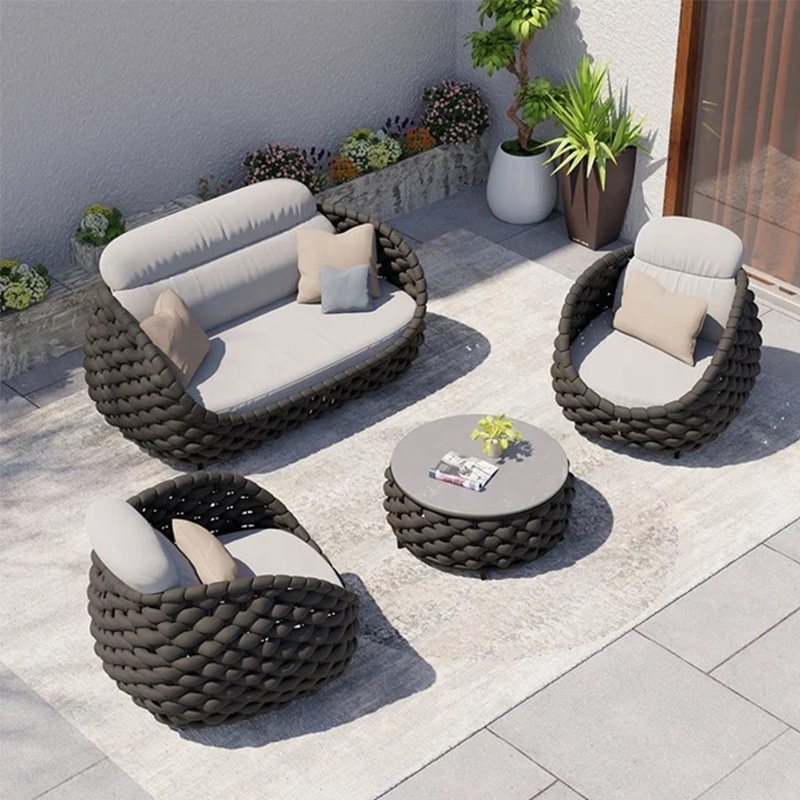 Factory modern outdoor hotel patio balcony furniture sofa curve rope patio furniture sofa chair with cushions rattan garden sofa