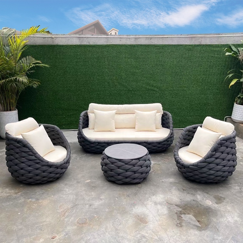 Factory modern outdoor hotel patio balcony furniture sofa curve rope patio furniture sofa chair with cushions rattan garden sofa