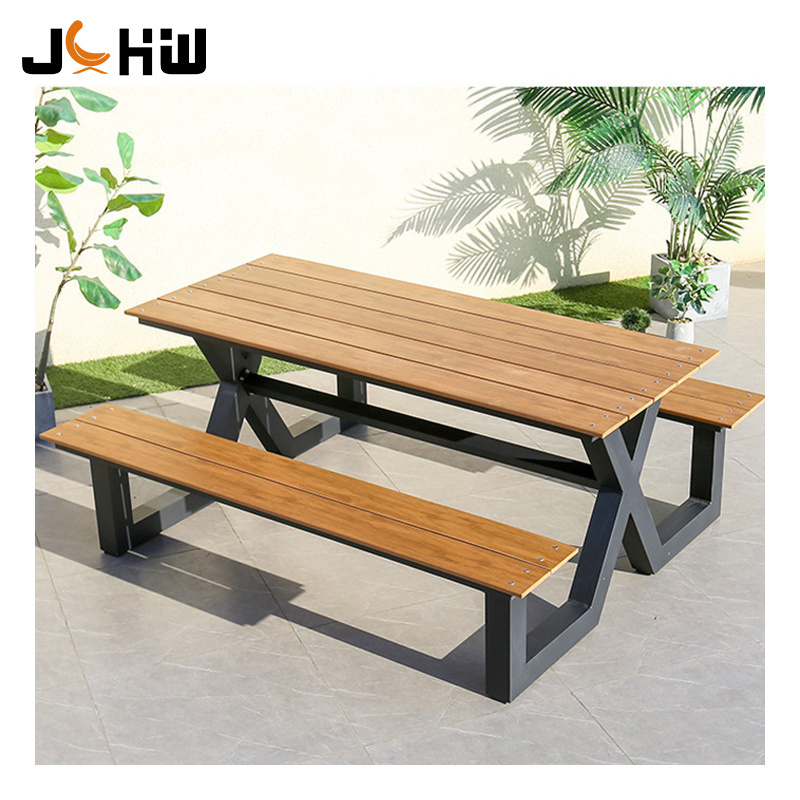 Factory price all weather wooden outdoor picnic dining table with park bench outdoor restaurant dining table set  garden set