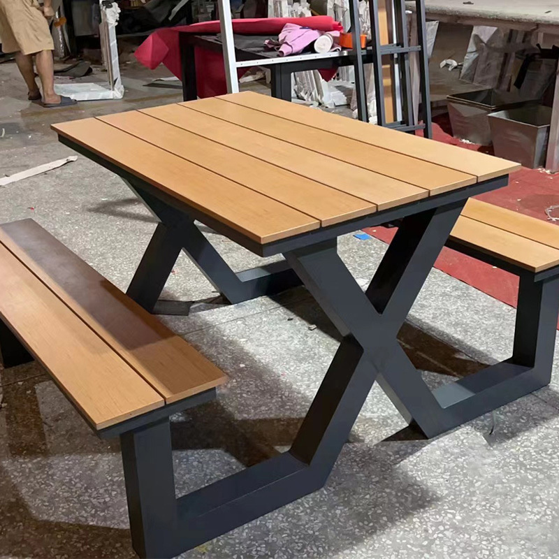 Factory price all weather wooden outdoor picnic dining table with park bench outdoor restaurant dining table set  garden set