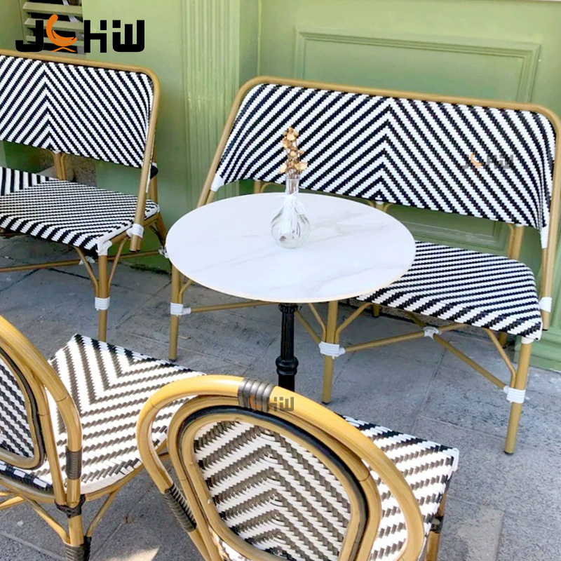 Wholesale French Style Bistro Cafe Double Rattan Chairs Bamboo Look Wicker Patio Garden Bench Chair