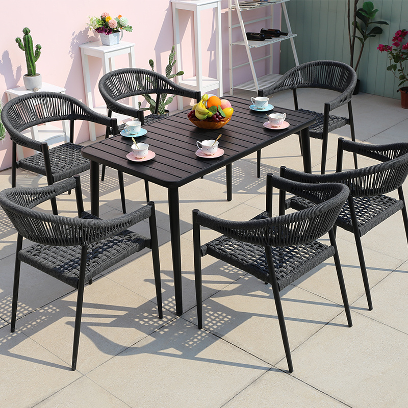 Modern woven rope outdoor restaurant cafe stackable table and chair aluminum patio garden furniture sets