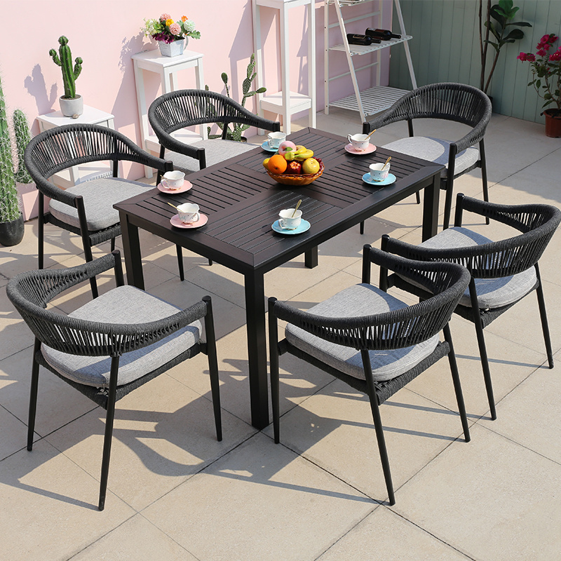 Modern woven rope outdoor restaurant cafe stackable table and chair aluminum patio garden furniture sets