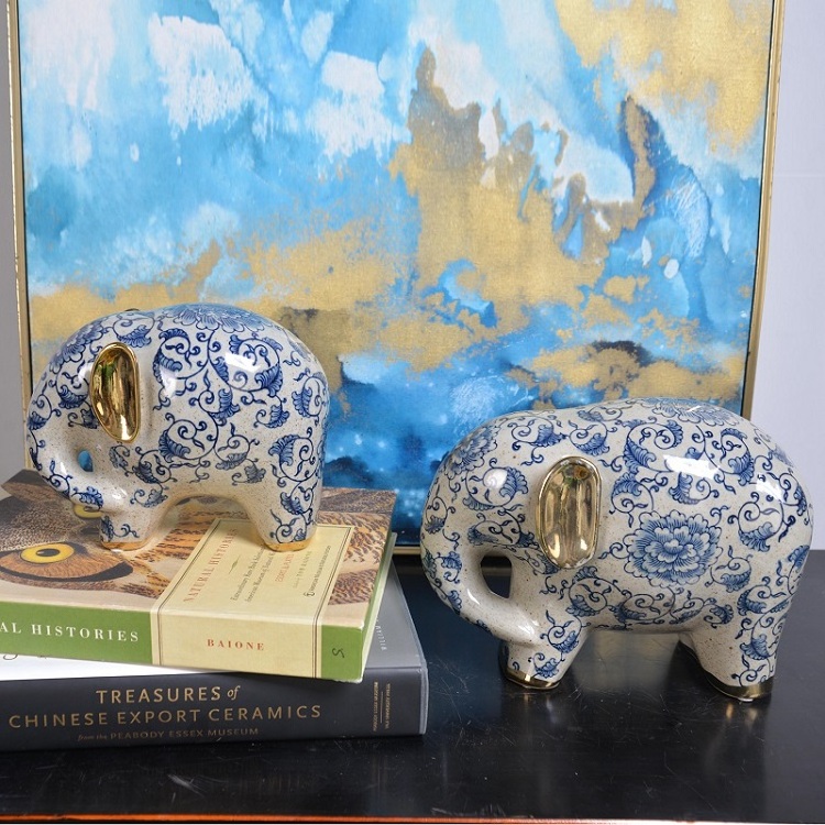 Antique Chinese Art Figurines Home Decor Animal Folk Crafts Accessory Elephant Porcelain Pottery Ceramic Garden Ornaments