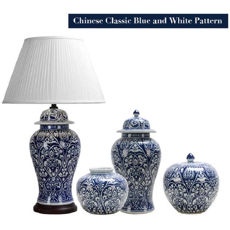 chinese home decorative porcelain fancy ceramic luxury antique modern design blue and white vase table lamp for hotel