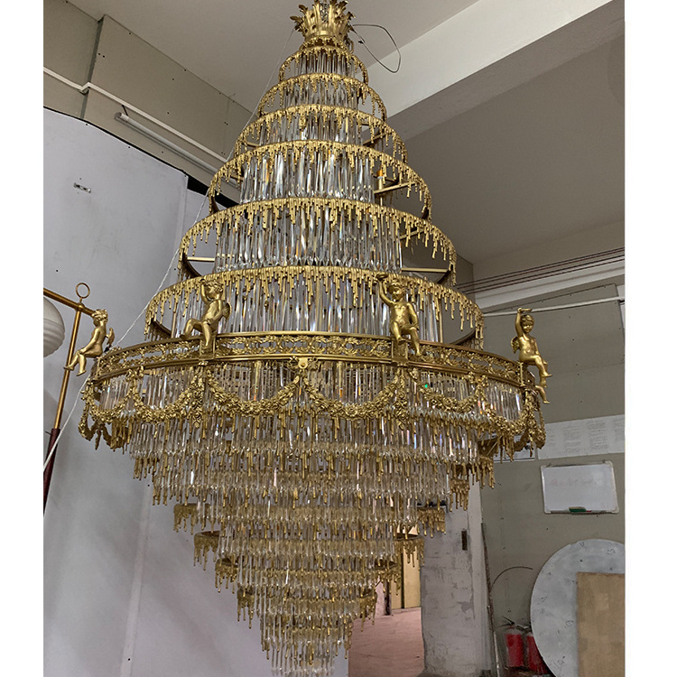 Luxury italian brass pendant lamp antique solid brass chandelier K9 crystal drops for huge building church