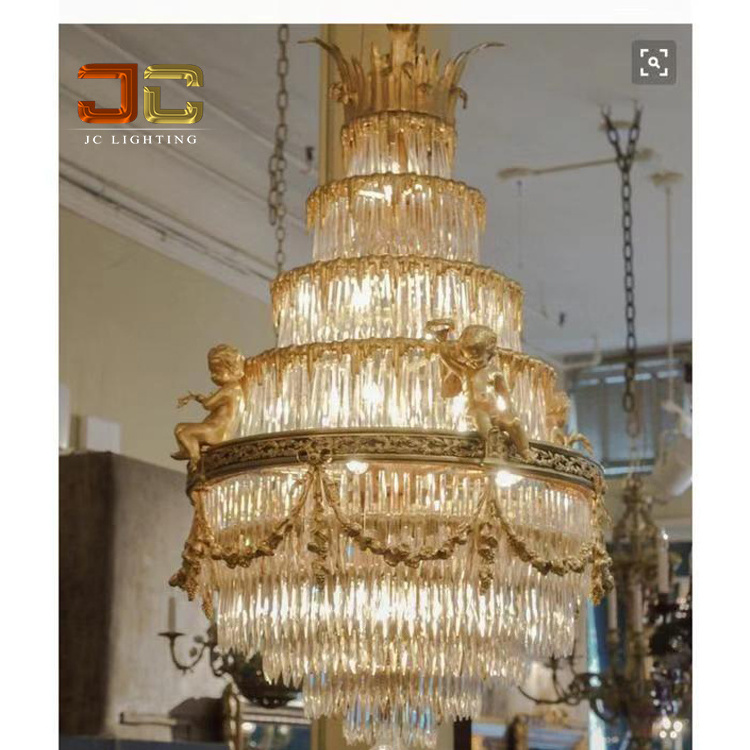 Luxury italian brass pendant lamp antique solid brass chandelier K9 crystal drops for huge building church