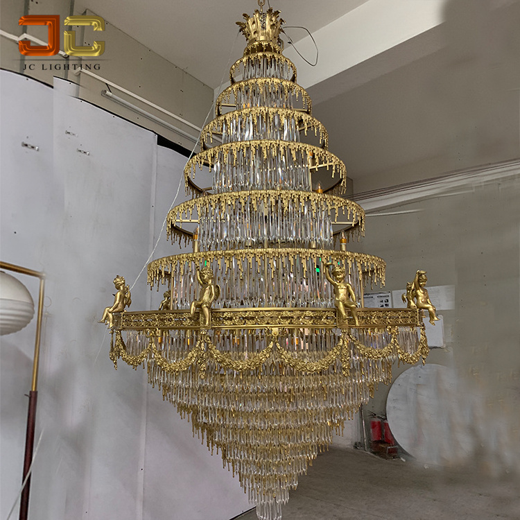 Luxury italian brass pendant lamp antique solid brass chandelier K9 crystal drops for huge building church