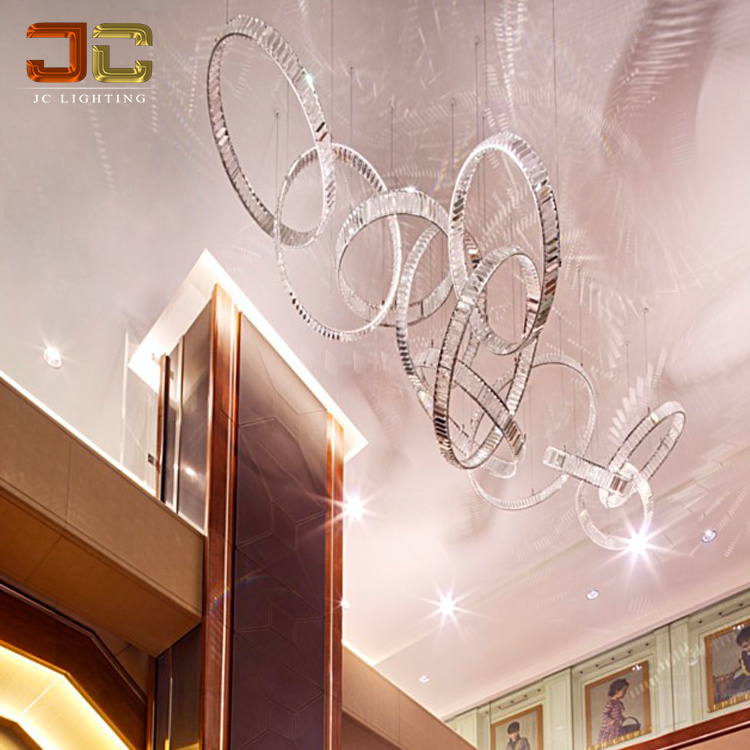 JC CUSTOM LIGHTING Contemporary large chandelier 5 ring crystal ceiling mounted lighting modern hotel light for ballroom