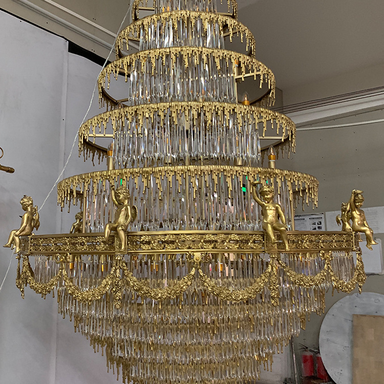 Luxury italian brass pendant lamp antique solid brass chandelier K9 crystal drops for huge building church