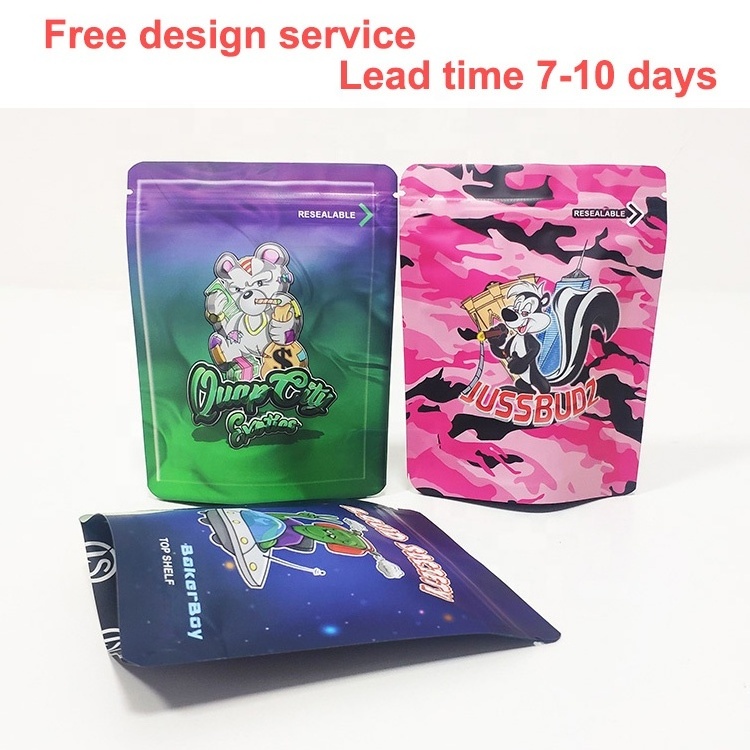 Custom Design Digital Print 3.5 Mylar Stand Up Pouch Resealable Zip Lock Smell Proof Packaging Bags