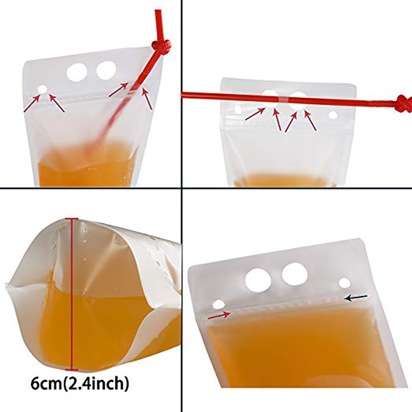 In Stock and Custom Juice Sealed Drink Pouches Clear Reclosable Hand Held Zipper Plastic Drinking Bags With Plastic Straw