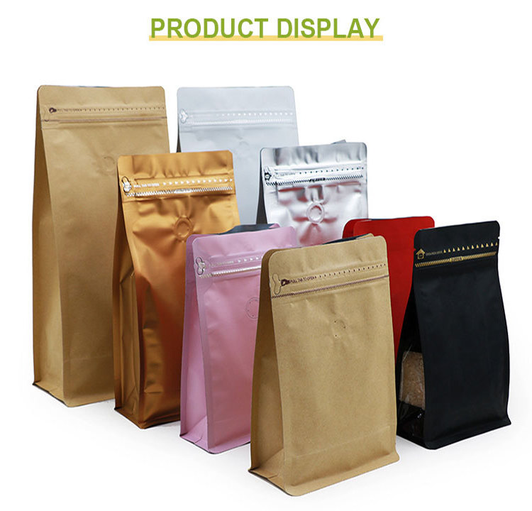 Recycle 250g 500g 1000g 2kg custom printed eight side seal flat bottom coffee beans packaging bags with valve and zipper