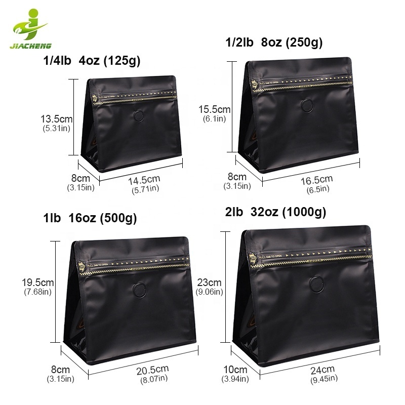 125g 250g 500g 1 kg Horizontal square flat bottom eight side seal coffee bag with one-way valve and zipper lock