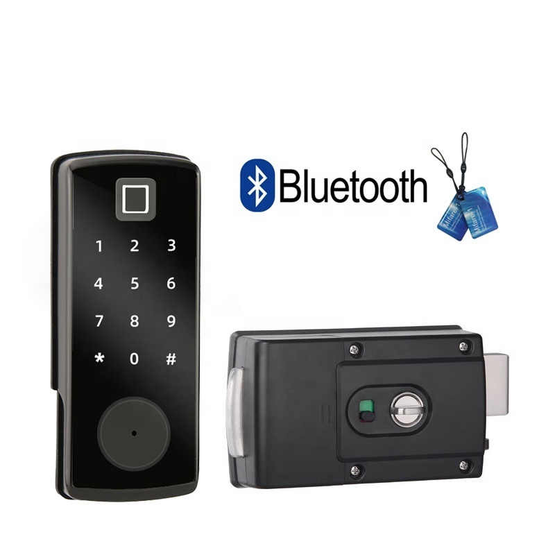 Blue tooth QR code lock biometric fingerprint electronic NFC door lock on wooden door