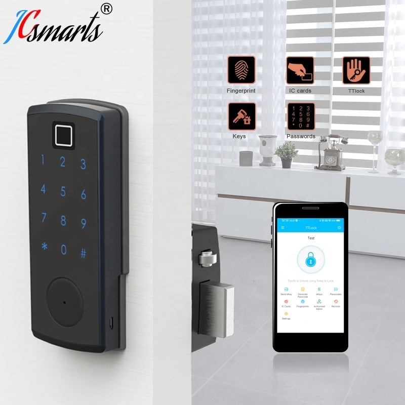 Blue tooth QR code lock biometric fingerprint electronic NFC door lock on wooden door