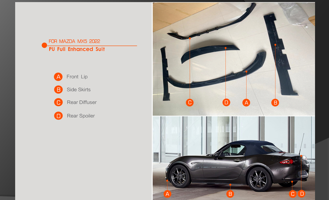 Fashion Cheap Car Upgrade PU Front Lip Rear Diffuser Side Skirts Rear Spoiler Body Parts for Mazda MX-5