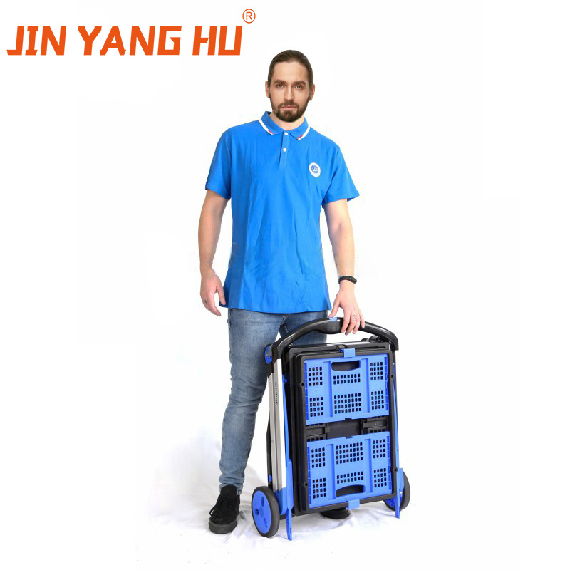 JIN YANG HU Double Decker Folding Cart Trolley Aluminum Cargo Transport Cart with Storage Crate for shopping